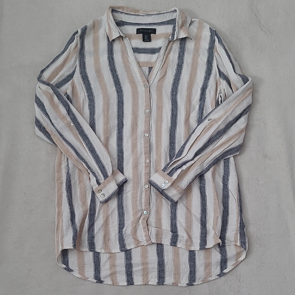 Tahari Linen Blend Striped Button Down Shirt Beige Navy Long Sleeve Casual L